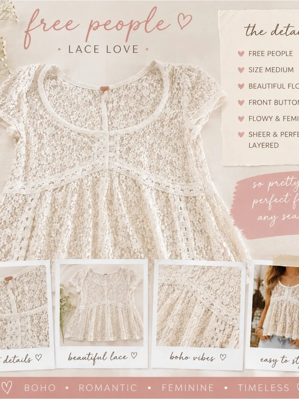 Free People Cream Lace Crochet Peasant Top